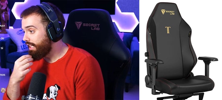 Ibai Llanos wearing headphones while streaming, seated in a Secretlab Titan Evo Stealth gaming chair with gold detailing.