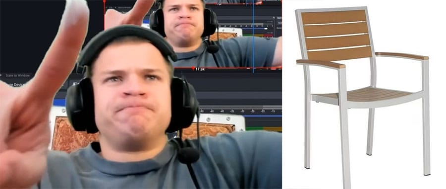 Jynxzi wearing a headset during a Twitch stream alongside a plain wooden dining chair used as his streaming seat.