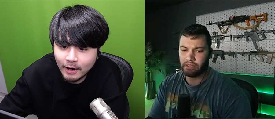 Split-screen image showing Japanese streamer k4sen on the left and U.S. streamer LVNDMARK on the right, both seated at their desks while streaming in Herman Miller Aeron Remastered ergonomic office chairs.