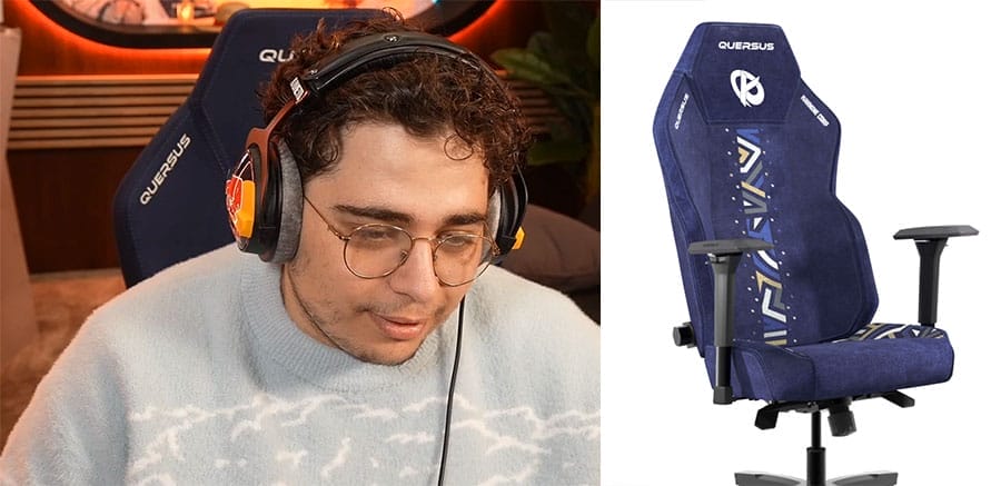 Kamet0 wearing headphones and glasses while streaming at his desk, sitting in a blue Quersus VAOS.3 Karmine Corp gaming chair with team branding.