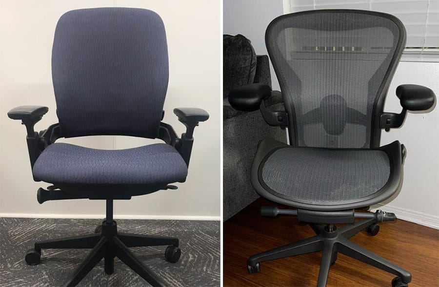 Side-by-side view of a Steelcase Leap chair with padded fabric seat and back and a Herman Miller Aeron chair with mesh seat and back, comparing adjustable cushioning to mesh support.