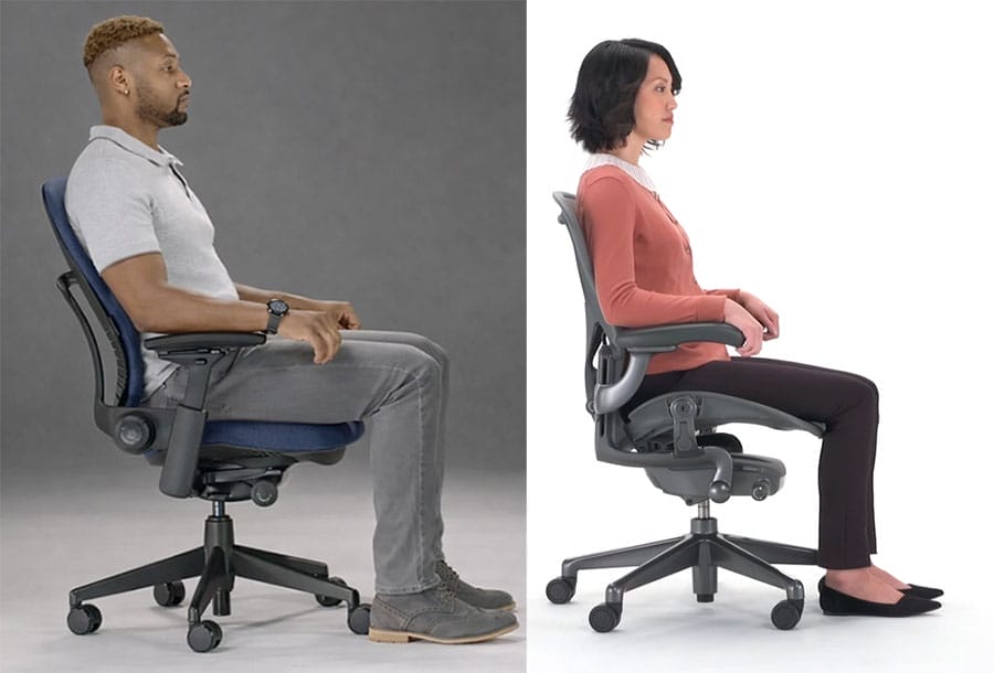 Side view comparison of a person seated in a Steelcase Leap chair and another in a Herman Miller Aeron Remastered, both demonstrating upright neutral posture with aligned spine, hips, and feet flat on the floor.