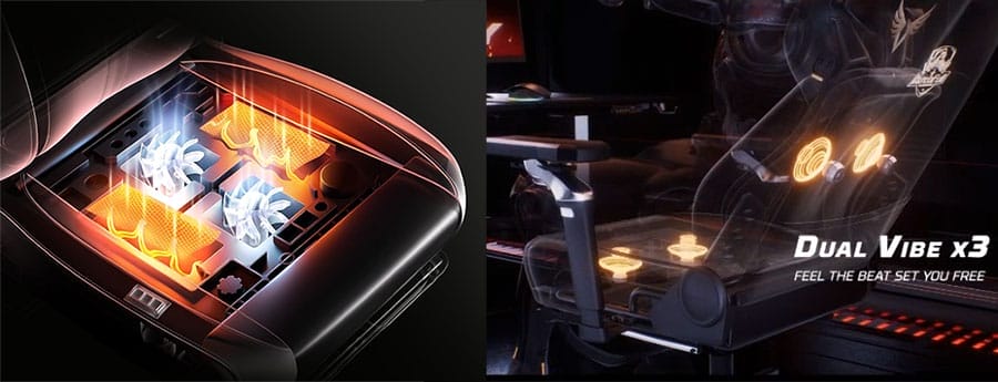 Illustration showing the AutoFull M6 Ultra chair’s built-in seat heating, cooling fans, and vibrating massage modules highlighted inside the seat and backrest.