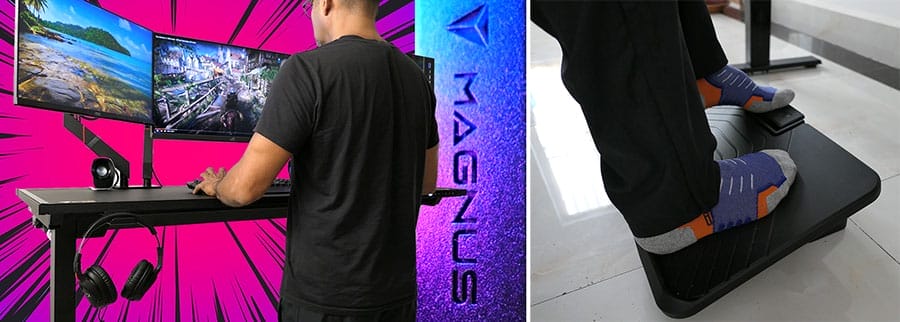 User working at a Secretlab Magnus Pro standing desk beside a close-up of feet using the Secretlab Professional Footrest, both designed to promote movement and ergonomic posture variation.