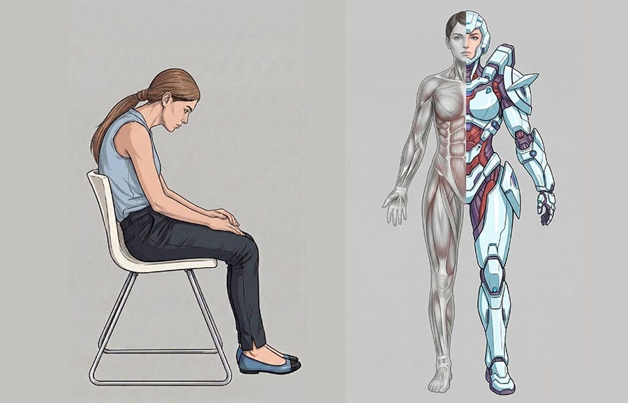 Side-by-side illustration on a grey background. Left: a woman seated in a chair in a pronounced slouch, head tilted forward, rounded upper back. Right: the same woman shown as a half-anatomical, half-mecha figure — muscle structure visible on the left side of her body, a sleek futuristic suit assembled on the right, standing tall in an upright posture.