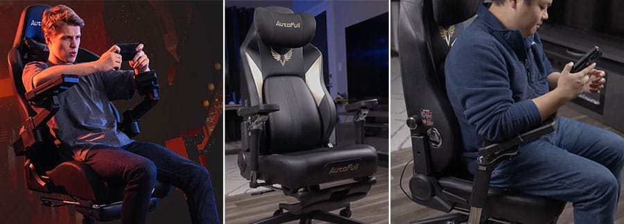 Side-by-side images of the Autofull Mechanical Master gaming chair: the original 2020 model on the left, and the updated 2025 M6 Ultra 2.0 shown in the center and right.