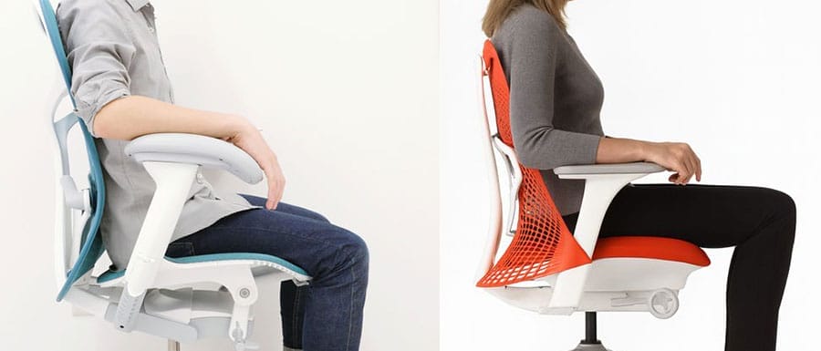 Side view comparison of Herman Miller Mirra 2 and Sayl chairs, showing differences in backrest design, seat materials, and seated posture support