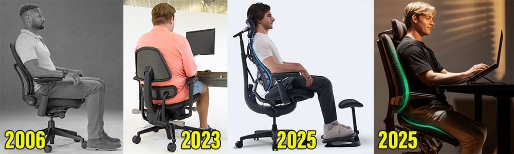 Side-by-side timeline image comparing four ergonomic office chairs by release year, showing the Steelcase Leap V2 from 2006 alongside newer designs—the Anthros Chair (2023), Libernovo Omni (2025), and Levitask Vision Chair (2025)—to illustrate the gap between legacy and recent ergonomic innovations.