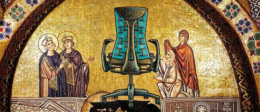 A satirical Byzantine-style mosaic depicting several robed figures in religious poses showing reverence and worship toward a modern, turquoise mesh ergonomic office chair situated in the center of the ornate gold artwork.