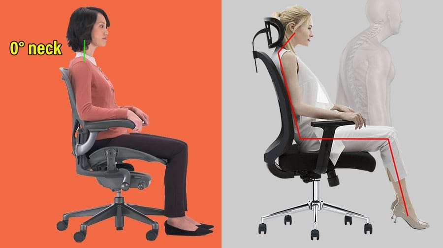 Women sitting in office chairs: one without a headrest and good posture, one with a headrest and poor posture