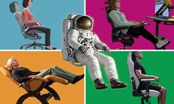 Illustration showing different seated postures in office and gaming chairs, from upright neutral sitting to deep recline, highlighting how chair design affects posture and comfort.
