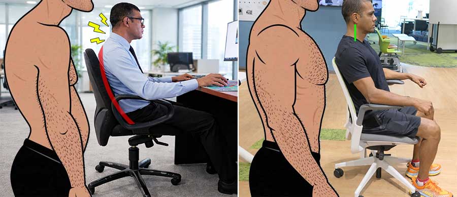 Side-by-side comparison showing slouched sitting in a non-ergonomic office chair versus upright neutral posture in an ergonomic chair with lumbar support.