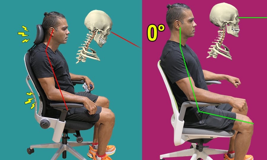 Man using office chair and good posture without a headrest vs man using office chair with headrest having bad posture