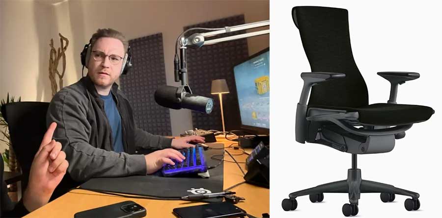 Side-by-side image showing OhnePixel at his streaming desk wearing headphones and using a keyboard, next to a product image of a black Herman Miller Embody ergonomic office chair.