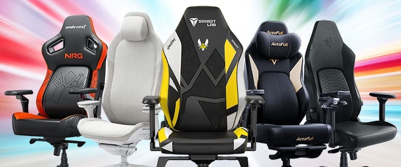 Lineup of premium gaming chairs from multiple brands, showing full-back designs with adjustable armrests and lumbar support, illustrating that different models can all support neutral sitting postures when properly adjusted.