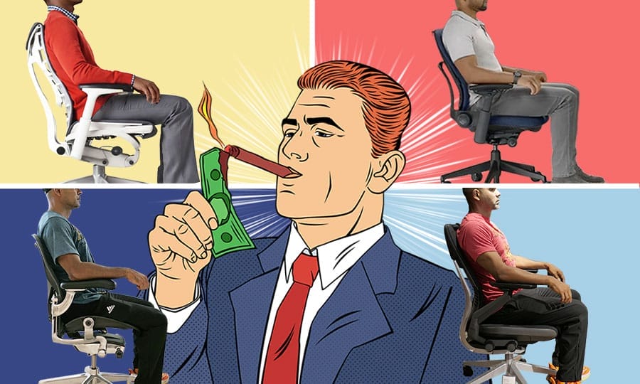 Composite image showing side-profile views of users seated in Embody, Leap, Aeron, and Gesture chairs, demonstrating target neutral sitting postures, with a stylized cartoon salesman overlaid at the center to contrast posture mechanics with marketing claims.