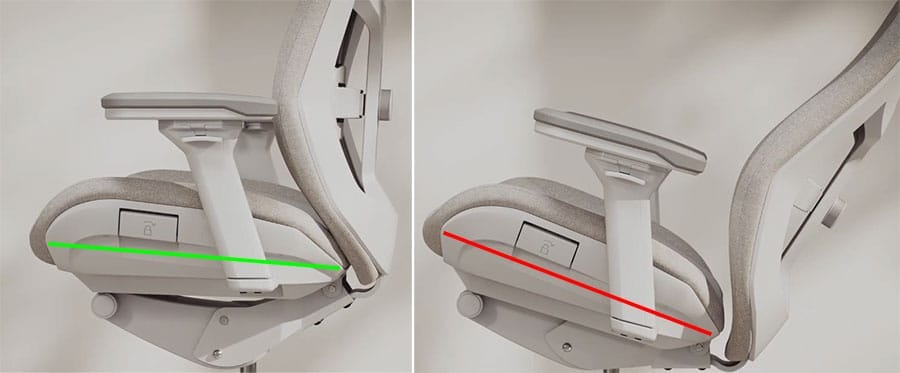 Side-by-side comparison of the Fractal Refine chair showing its synchronized tilt mechanism, where the seat angle increases proportionally as the backrest reclines.