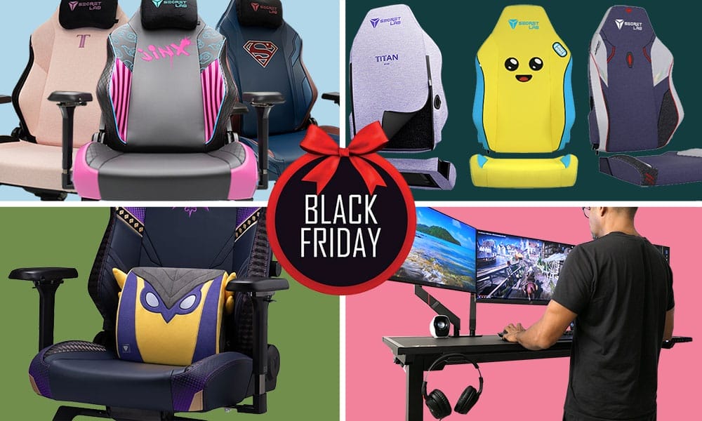 Secretlab Black Friday 2025 sale details showing 4 sale iterms in a grid: chair, desk, accessories
