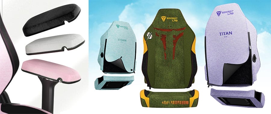 Close-up of interchangeable PlushCell armrest caps and multiple Secretlab Skins fitted to Titan chairs, illustrating cosmetic and comfort-focused accessories rather than ergonomic upgrades.