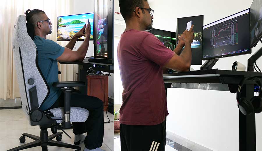 Side-by-side view of the author seated and standing at a desk while using a smartphone, demonstrating neutral neck posture and supported elbow angles during mobile device use.