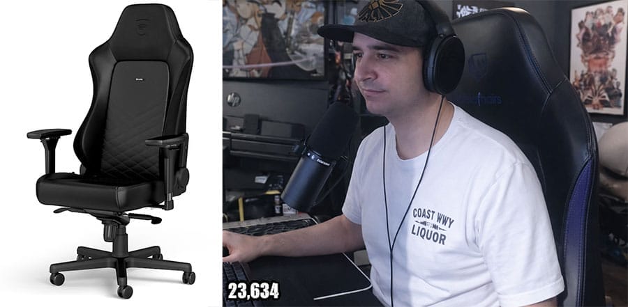 Summit1g wearing headphones while streaming at his desk, seated in a black Noblechairs Hero gaming chair with a tall backrest and minimalist design.