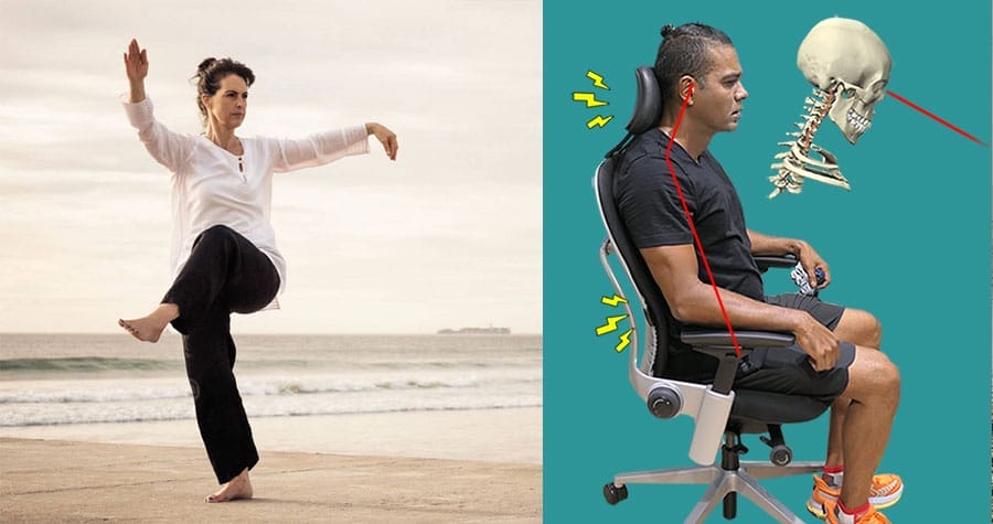 Split image showing a woman practicing Tai Chi on a beach and a seated man in an ergonomic chair with spinal alignment overlays, illustrating that active movement and strength training support back health better than chair mechanisms alone.