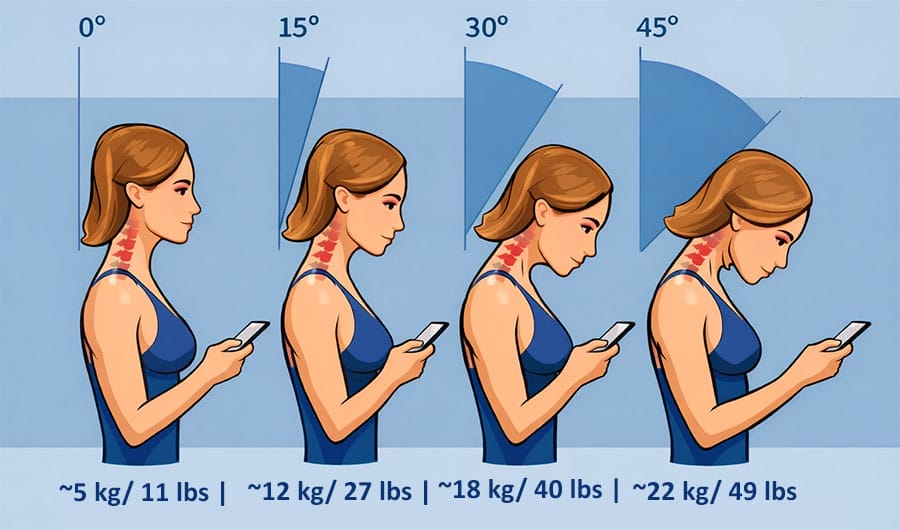 Illustration showing the progressive impact of neck angle on cervical spine loading while using a smartphone. Four side-view figures of a woman demonstrate neck flexion at 0, 15, 30, and 45 degrees, with corresponding loads of approximately 5 kg/11 lbs, 12 kg/27 lbs, 18 kg/40 lbs, and 22 kg/49 lbs respectively. Red highlighting on the neck indicates areas of stress, increasing as the head tilts forward