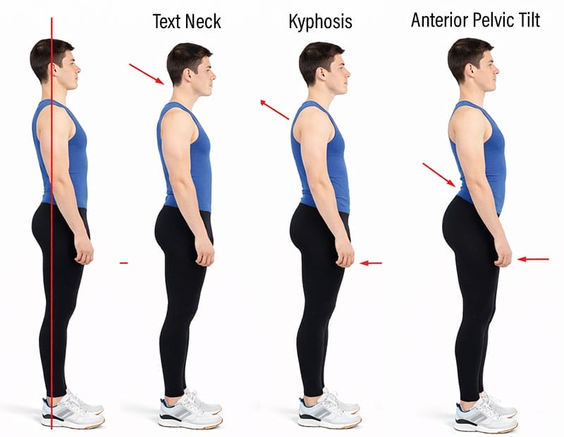 Side-view sequence of a man standing in four postures: neutral alignment, text neck (forward head), thoracic kyphosis, and anterior pelvic tilt, with red arrows highlighting progressive sagittal-chain compensation along the spine.
