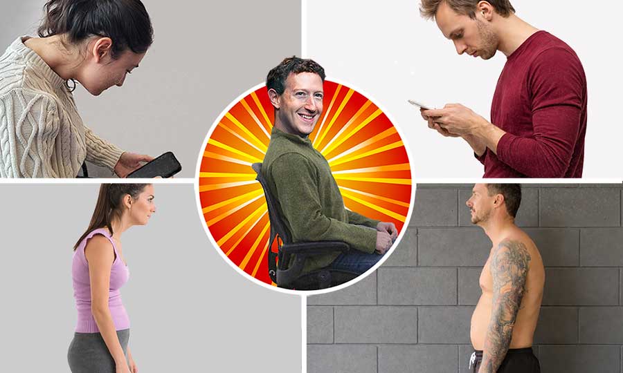 Collage illustrating text neck: four people shown with forward head posture while using phones or standing slouched, contrasted with a central figure sitting upright in an ergonomic chair, highlighted as the neutral posture example.