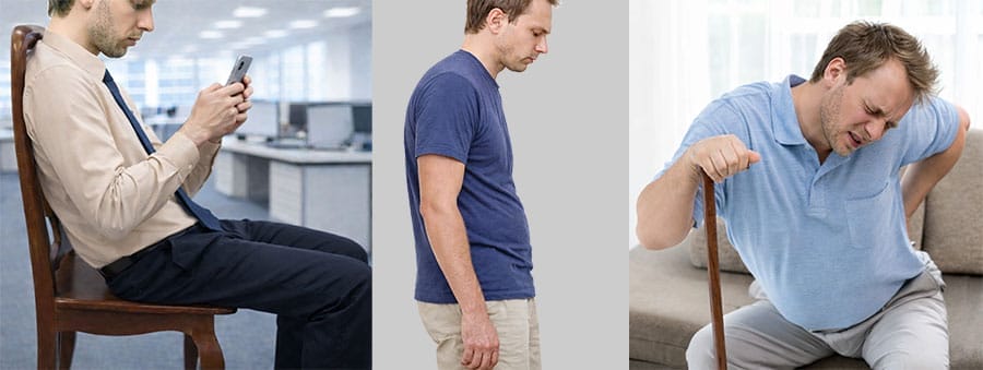 Three-panel comparison showing posture progression: a man seated and slouching while using a smartphone, the same man standing with forward head posture, and later experiencing back pain while seated with a cane.
