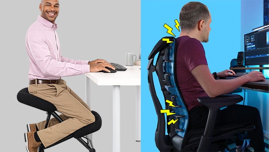Side-by-side comparison showing a person comfortably working on a simple kneeling stool and another relying on a high-end ergonomic chair, illustrating that daily habits influence desk-work comfort more than chair price.