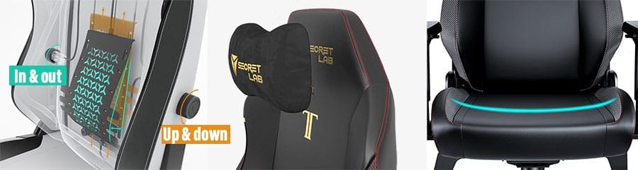 Secretlab Titan Evo chair showing height and depth lumbar adjustment, a magnetic headrest pillow, and a wide seat base.