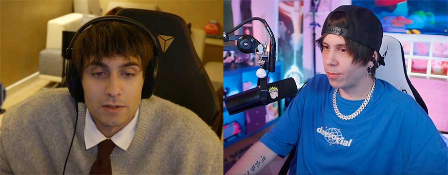 Side-by-side image showing Italian streamer Tumblurr on the left and Spanish streamer Rubius on the right, each seated at their streaming setups in high-back gaming chairs with integrated headrests and racing-style designs.