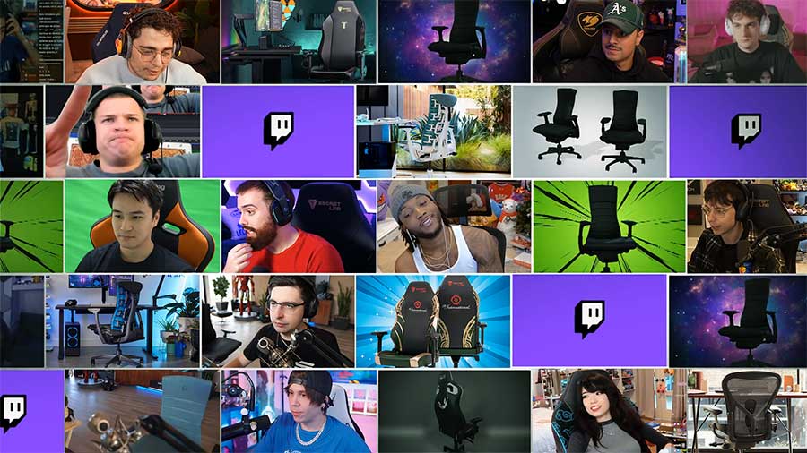 Collage showing top Twitch gaming streamers and the gaming and office chairs they use in their streaming setups, including Herman Miller office chairs and premium gaming chairs.