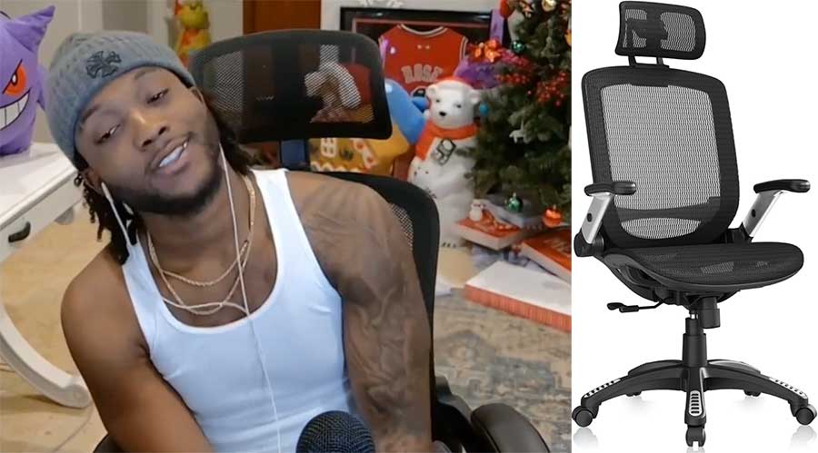 Side-by-side image showing YourRAGE leaning back while streaming in a simple mesh office chair with a headrest and flip-up armrests, next to a product-style image of a similar low-cost mesh office chair.