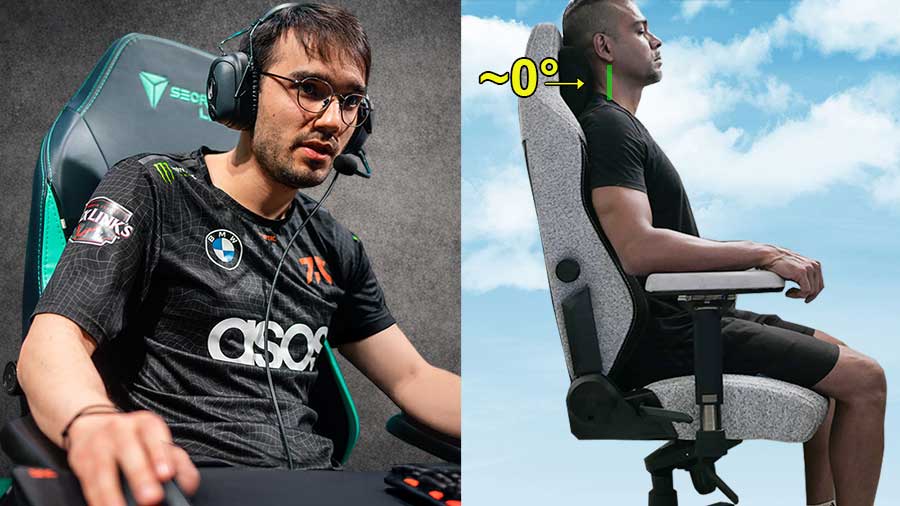 Side-profile comparison showing forward head posture versus neutral ~0° neck alignment while seated in Secretlab Titan gaming chairs