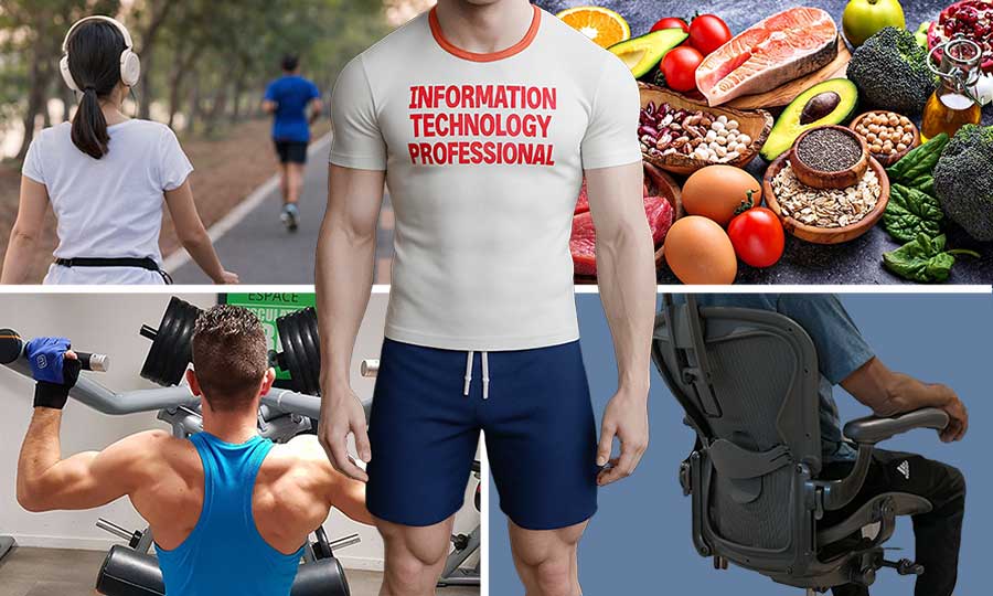 Collage showing healthy habits of pain free desk workers