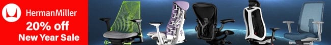 Herman Miller New Year Sale banner showing several ergonomic office chairs with text advertising 20% off.