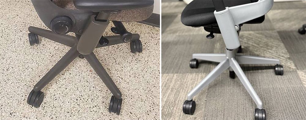 Side-by-side close-up of Steelcase Leap V1 and Leap V2 chair bases, showing the V1’s heavier, darker base construction compared with the V2’s lighter, more streamlined base design.