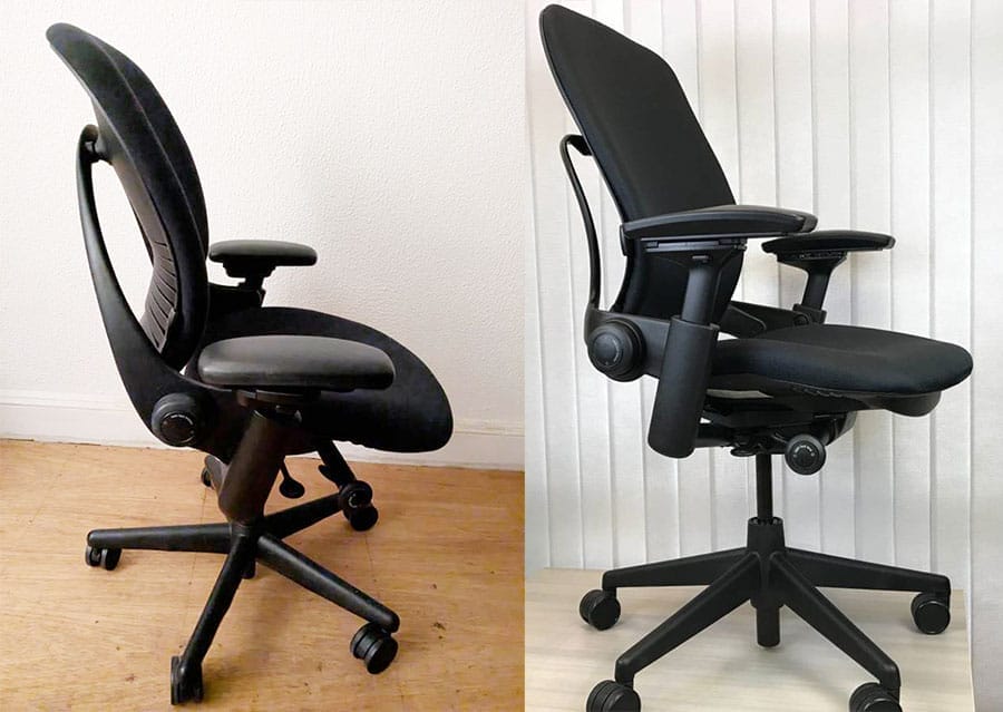Side-by-side side-view comparison of Steelcase Leap V1 and Leap V2 chairs highlighting seat differences, with the V1 showing a thicker, rounded seat cushion and the V2 showing a slimmer, flatter seat profile.