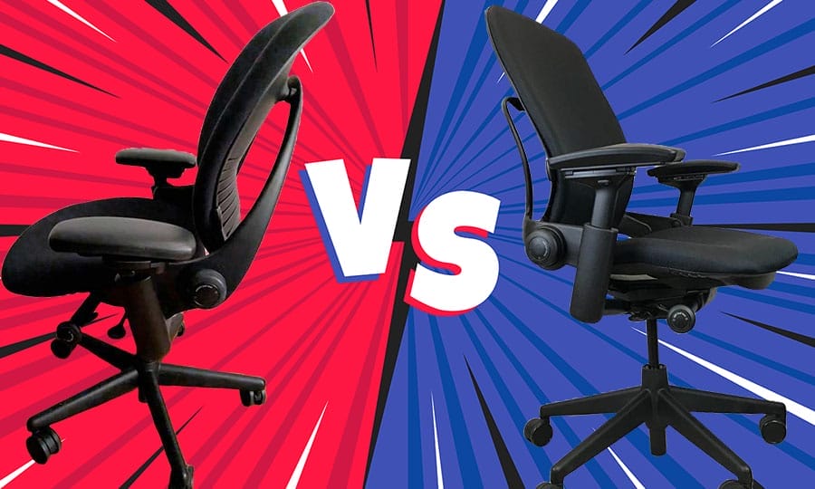Side-by-side comparison image of Steelcase Leap V1 and Leap V2 office chairs with a “VS” graphic between them, highlighting the older V1 design on the left and the newer V2 design on the right.