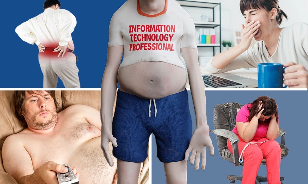 Composite image illustrating unhealthy desk-work habits among IT professionals, featuring a fatigued and sedentary character labeled “Information Technology Professional,” alongside scenes of back pain, exhaustion, inactivity, and poor seating posture.