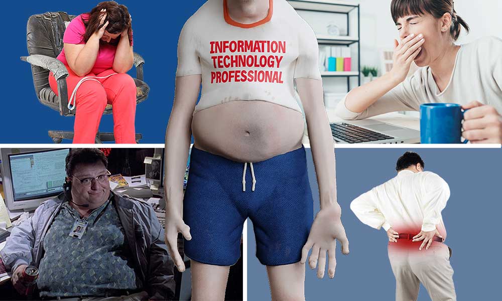 Collage of IT workers showing fatigue, poor posture, back pain, and unhealthy workspace habits, illustrating common wellness challenges among desk-based technology professionals.