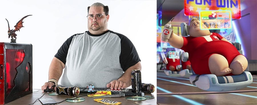 Comparison of sedentary lifestyle imagery showing overweight gamers alongside a statistic about remote IT workers sitting 8+ hours per day