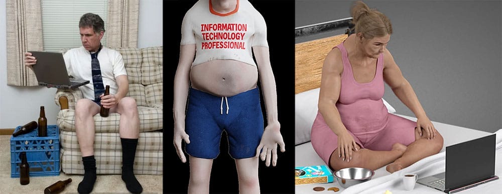 Composite image of IT workers in unhealthy setups—drinking, slouching, and working from bed—representing habits associated with increased pain and reduced productivity