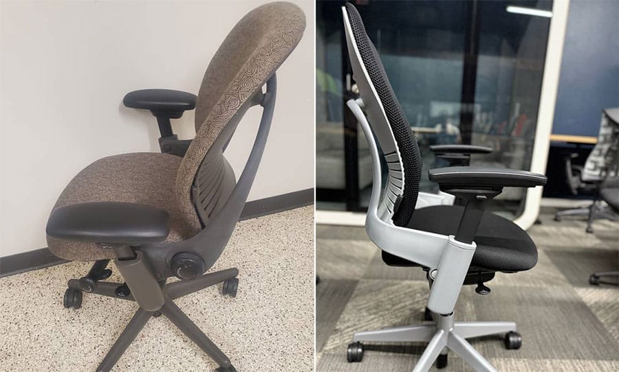 Side-by-side side-view comparison of Steelcase Leap V1 and Leap V2 chairs, showing the V1’s thicker, rounded backrest and bulkier frame versus the V2’s slimmer backrest and lighter, more streamlined design.