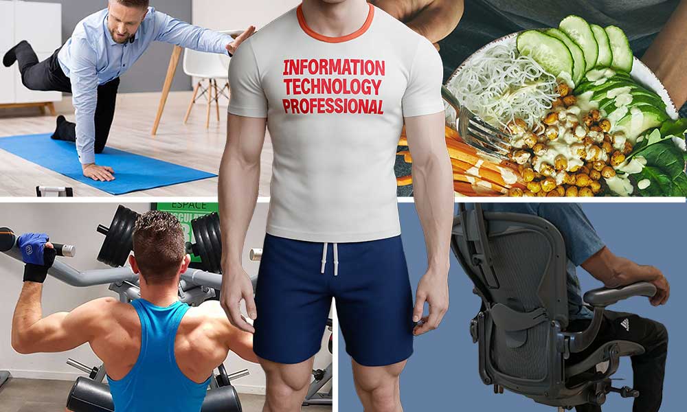 Collage showing healthy desk-worker habits, including home exercise, strength training, nutritious meals, and ergonomic chair use, with a central figure representing pain-free, high-performance routines.