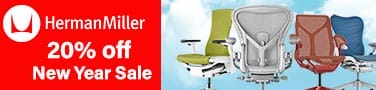 Herman Miller New Year Sale banner showing several ergonomic office chairs with text advertising 20% off.