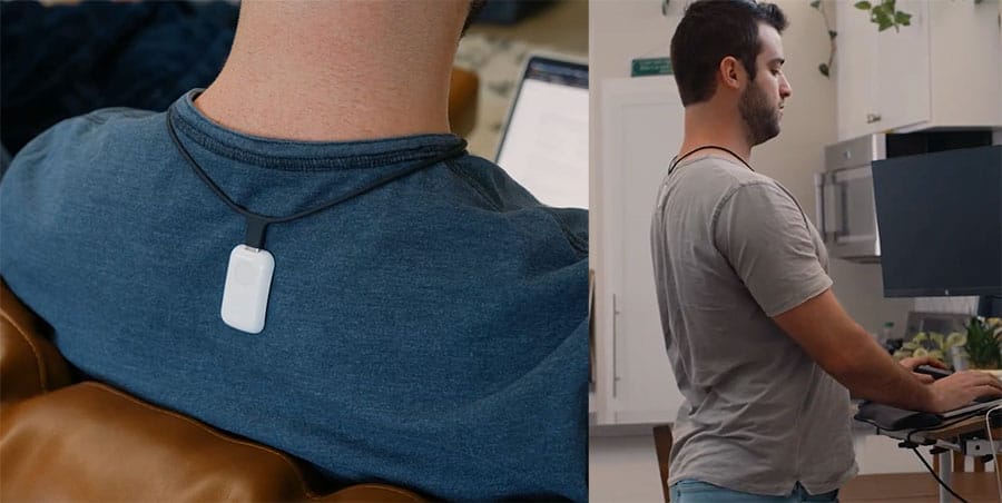 Close-up and full-body view of Upright GO 2 device worn with necklace attachment on upper back, showing discreet under-clothing placement during standing desk work
