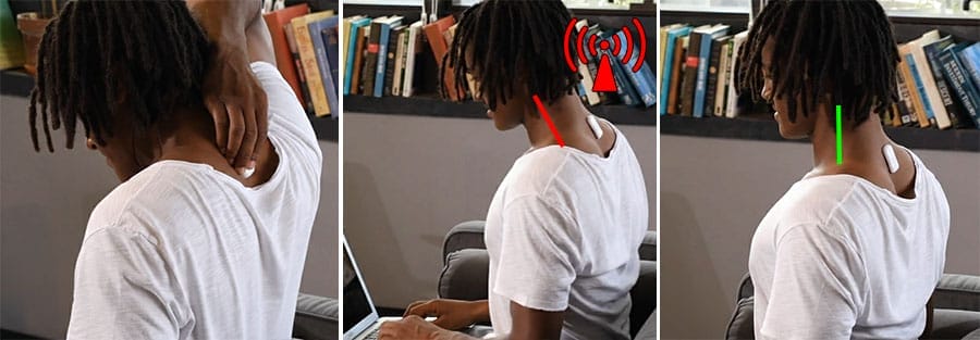 Three-panel sequence showing man wearing Upright GO 2 device: slouched forward posture with red indicator and vibration alert, then corrected upright posture with green indicator showing proper alignment